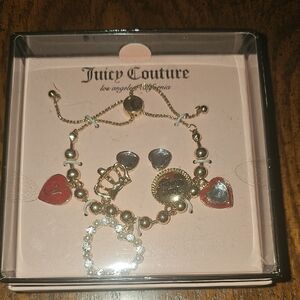 Juicy Couture Gold-Tone Bracelet and Heart Charm Set with Red Accents